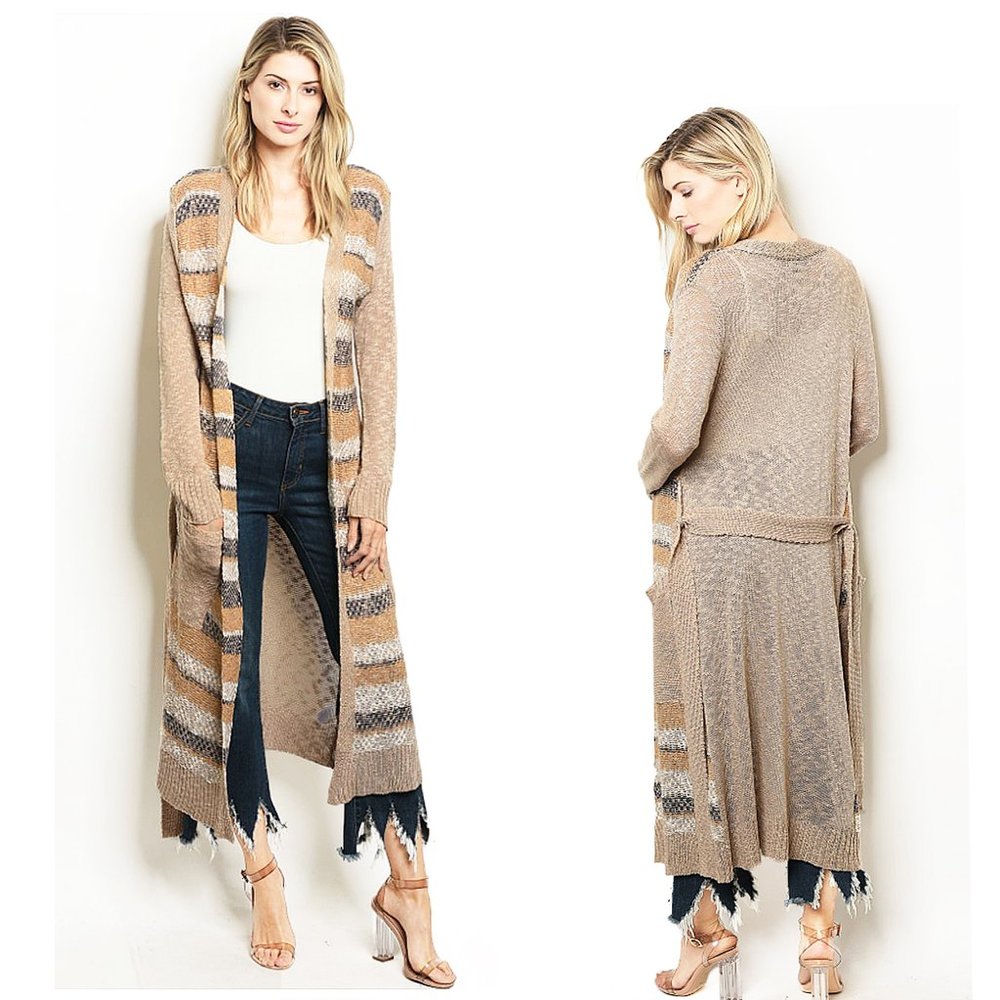 Retro Knit Striped Maxi Longline Cardigan Top